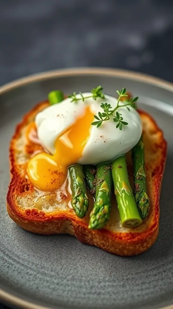 A slice of toasted bread topped with asparagus and a poached egg, garnished with herbs.