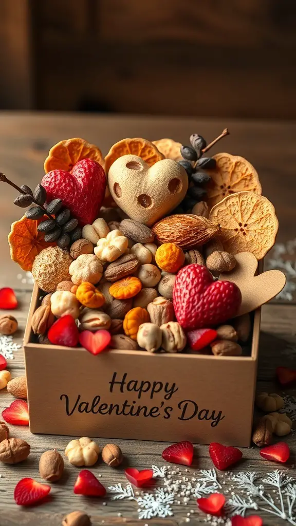 A Valentine's Day box filled with nuts, dried fruits, and heart-shaped decorations.