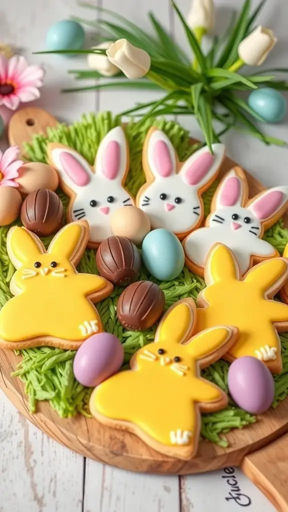 Colorful Easter grazing board with bunny-shaped cookies, chocolate eggs, and pastel candies.