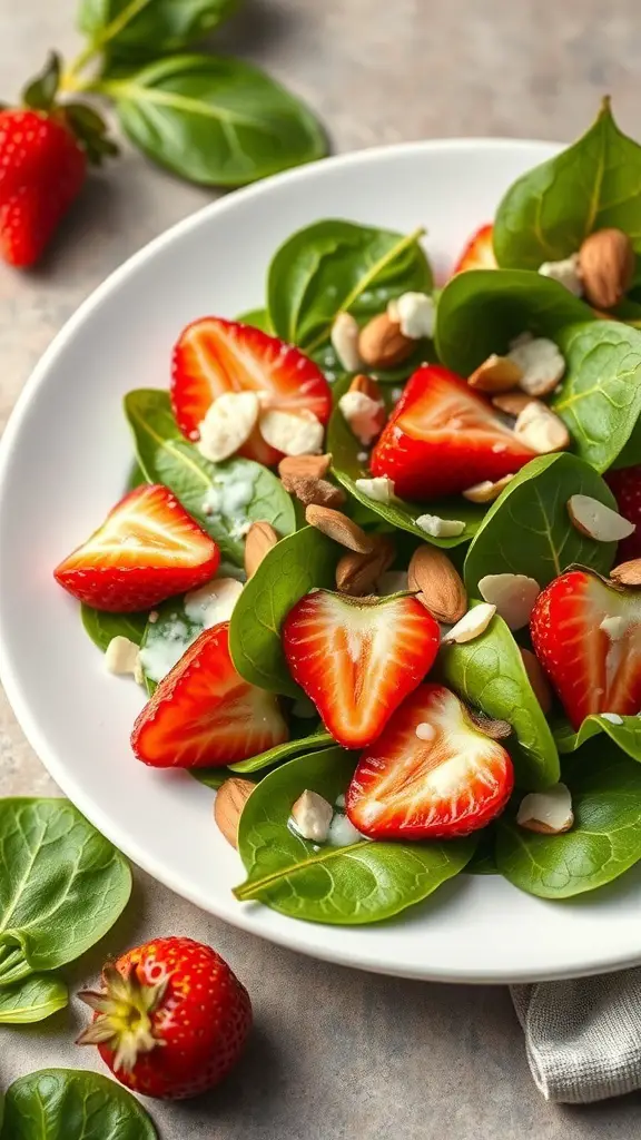 A fresh Spinach Strawberry Salad with strawberries, almonds, and feta cheese on a white plate.