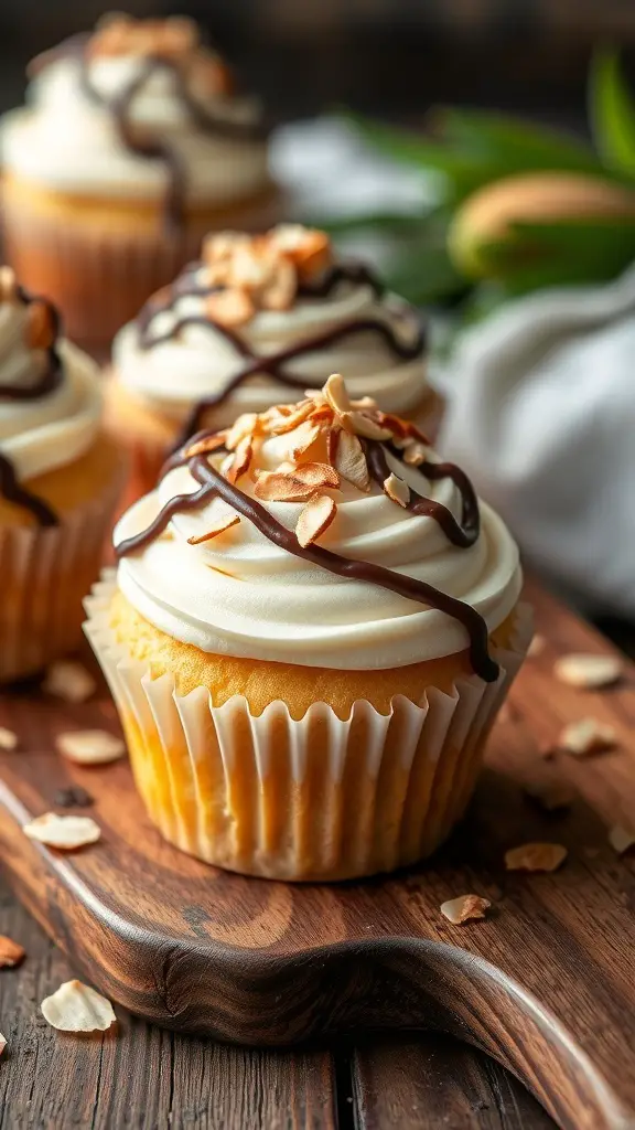 Vanilla Almond Joy cupcakes topped with frosting, chocolate drizzle, and almond slices