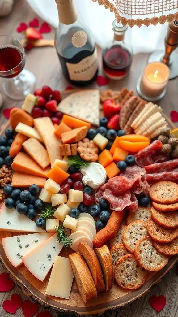 A heart-shaped charcuterie board with various cheeses, meats, fruits, and crackers, accompanied by wine and candles.