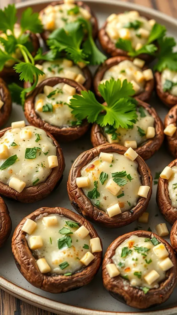 Plate of savory stuffed mushrooms topped with herbs and cheese