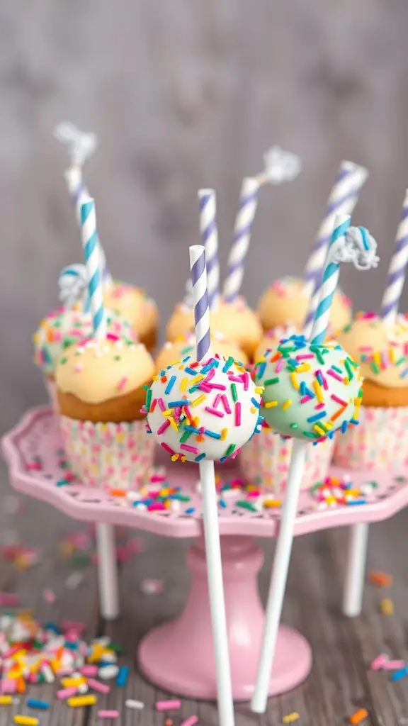 Colorful birthday cake pops on a pink stand with sprinkles and straws