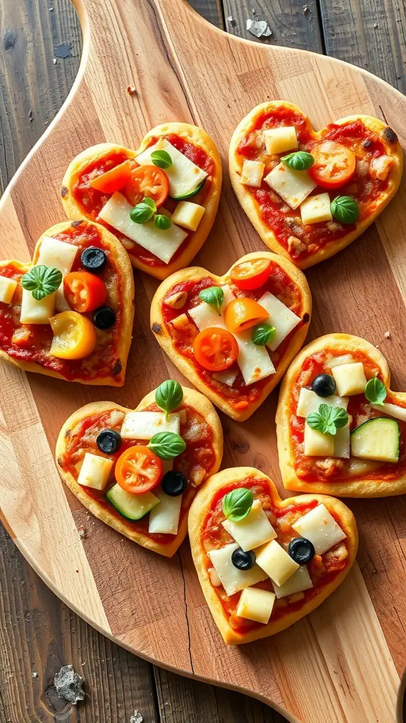 Heart-shaped mini pizzas with various toppings on a wooden board