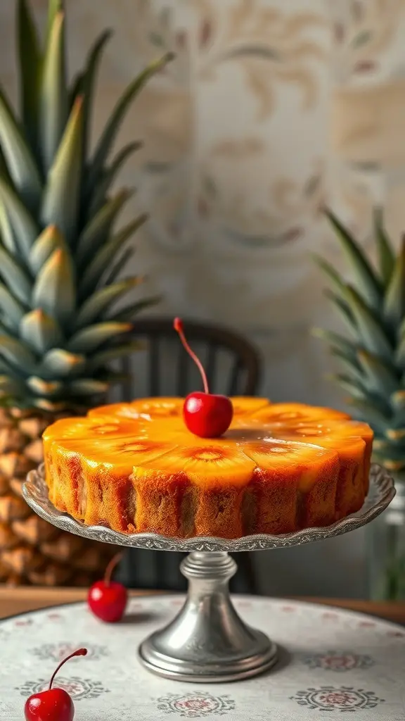 A beautifully presented Pineapple Upside Down Cake on a silver cake stand, garnished with cherries and surrounded by pineapples.