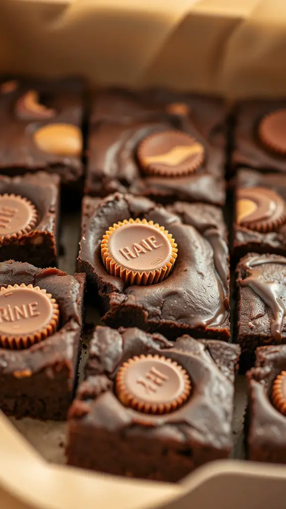 Delicious peanut butter cup brownies topped with mini peanut butter cups, cut into squares.