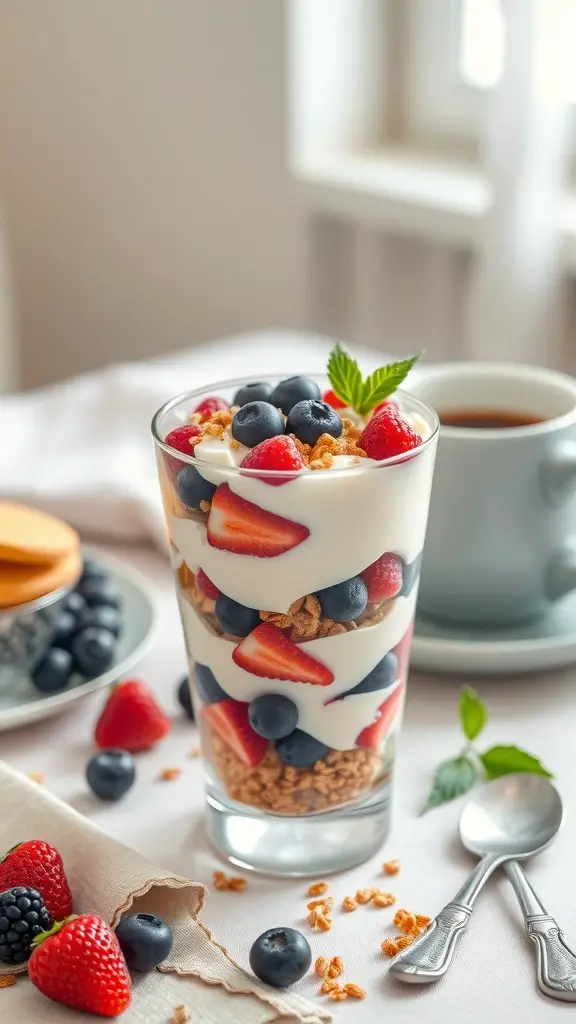 A delicious berry and yogurt parfait with layers of yogurt, fresh berries, and granola in a glass.