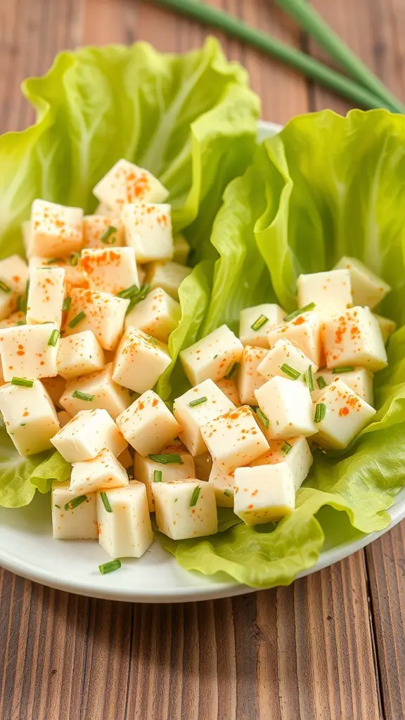 Egg salad cubes in lettuce wraps on a plate