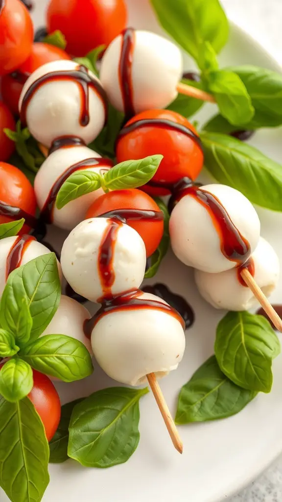 Caprese skewers with cherry tomatoes, mozzarella balls, and basil drizzled with balsamic glaze