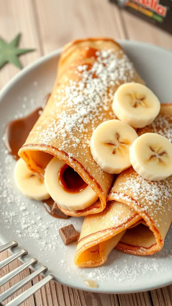 Delicious Nutella and banana crepes served on a plate with powdered sugar and chocolate.