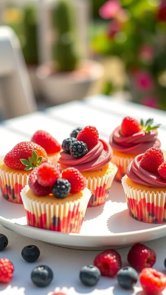 Colorful berry burst cupcakes topped with fresh strawberries, raspberries, and blueberries.
