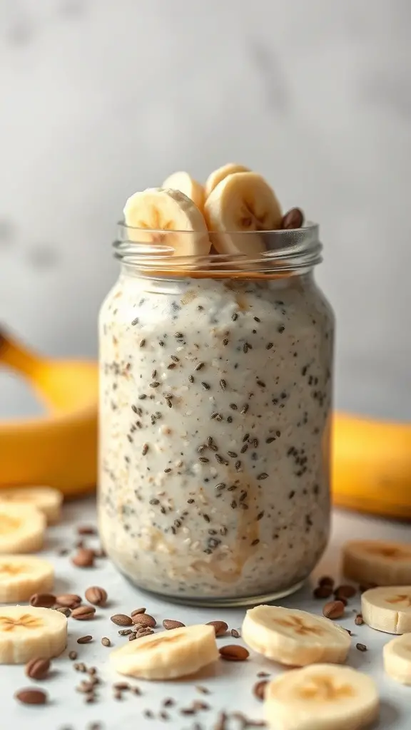 A jar of peanut butter banana overnight oats topped with banana slices and chia seeds.