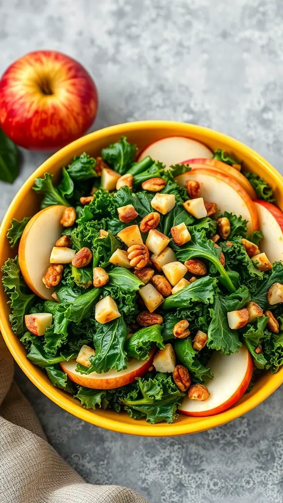 A colorful bowl of crispy kale and apple salad with nuts, featuring slices of apple and kale leaves.