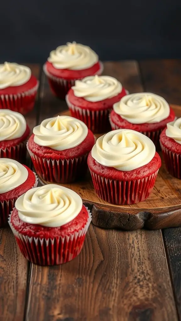 Red velvet muffins with cream cheese frosting on a wooden table