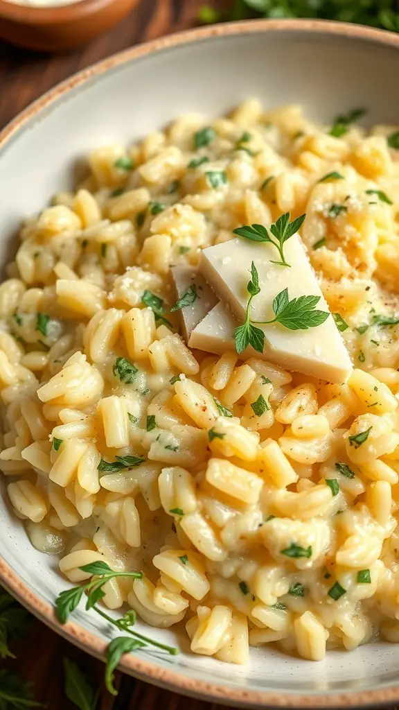 A creamy bowl of spring herb risotto topped with fresh herbs and cheese.