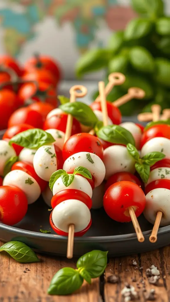 A plate of mini Caprese skewers with cherry tomatoes, mozzarella balls, and fresh basil.