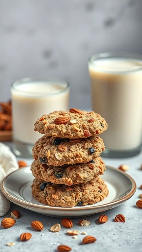 A stack of oatmeal raisin cookies on a plate, surrounded by almonds and glasses of milk.