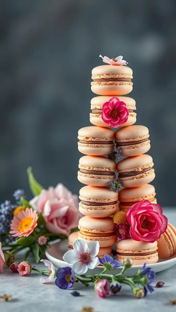 A tower of macarons decorated with colorful flowers, showcasing a wildflower theme.