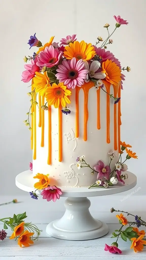 A beautiful Floral Drip Wildflower Cake with vibrant flowers and an orange drip