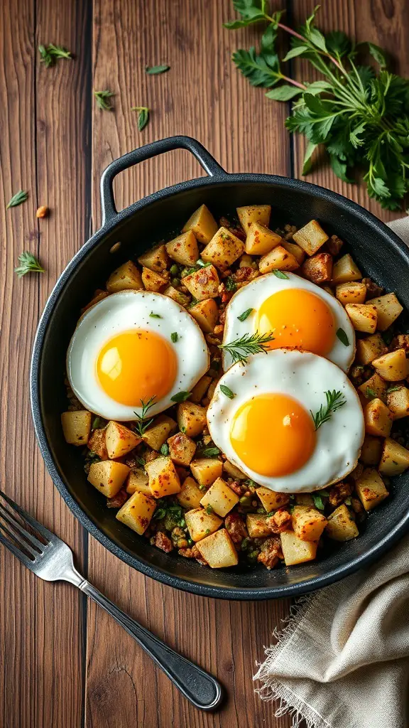A skillet filled with herbed potato hash topped with sunny-side-up eggs, garnished with fresh herbs.