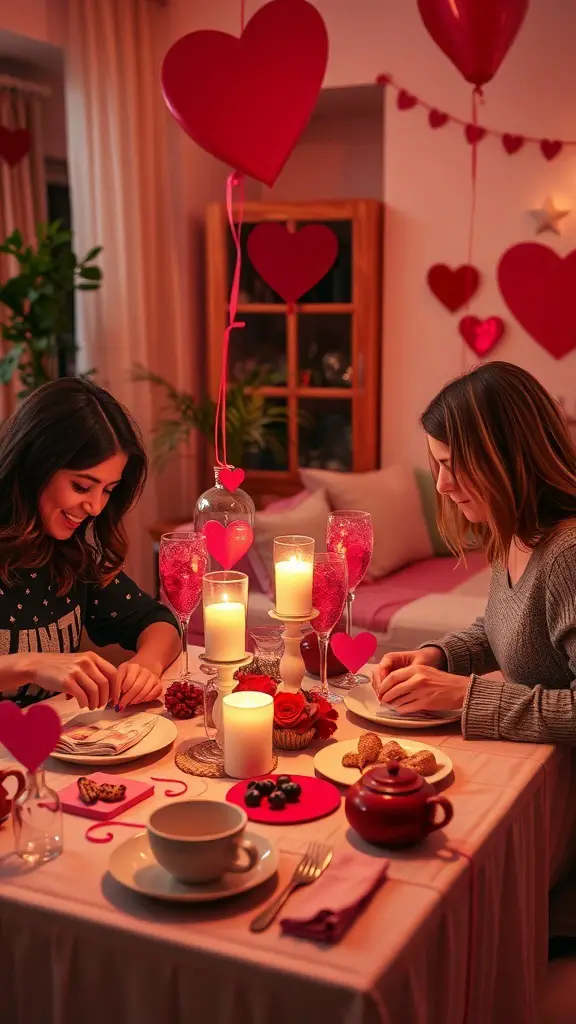 Two friends at a Galentine's dinner party, surrounded by heart decorations and a beautifully set table.