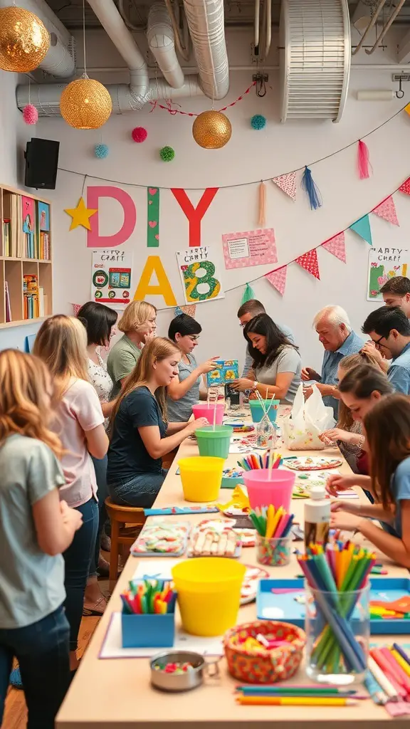 A group of people engaged in a DIY craft party with colorful supplies and decorations.