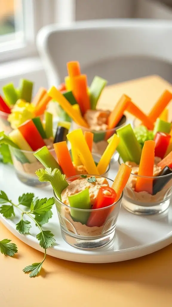 Colorful veggie cups with hummus, featuring carrot, celery, and bell pepper sticks.