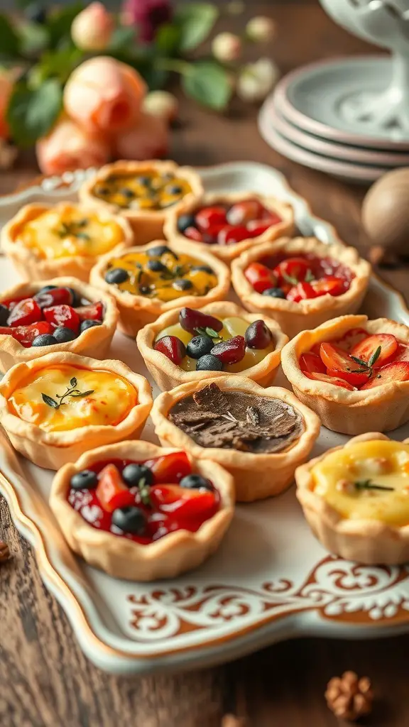 A colorful platter of mini quiches with various toppings, perfect for a Galentine's party.