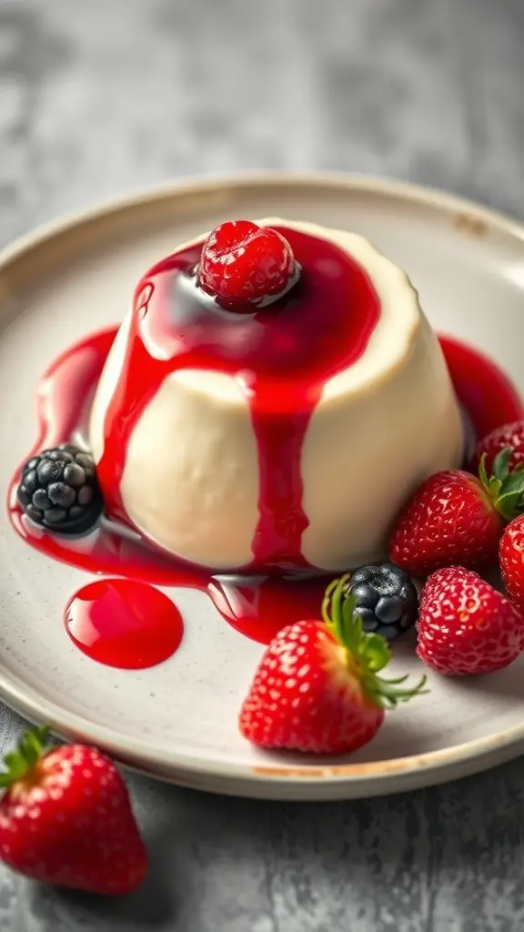 Vanilla bean panna cotta topped with berry sauce and fresh strawberries and blackberries