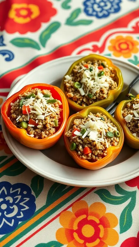 Stuffed bell peppers filled with quinoa and vegetables on a colorful tablecloth