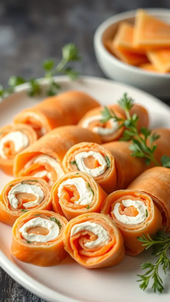 Plate of smoked salmon and cream cheese wraps garnished with herbs