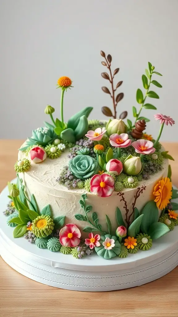 A beautifully decorated cake with edible flowers and greenery, resembling a botanical garden.