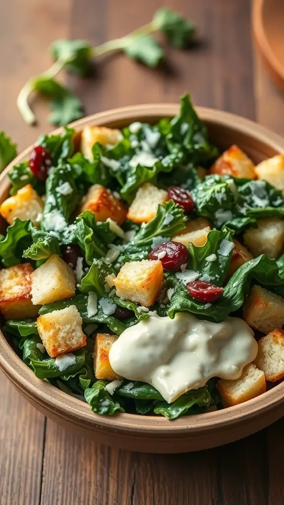 A bowl of Kale Caesar Salad with croutons and creamy dressing.