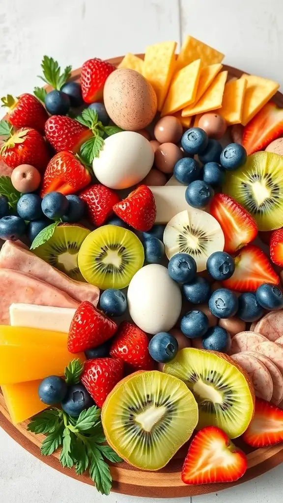 A colorful Easter charcuterie board featuring strawberries, blueberries, kiwi, cheese, and eggs.