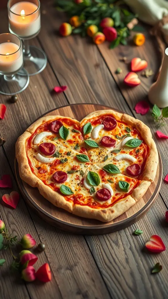A heart-shaped pizza topped with pepperoni and basil, surrounded by candles and rose petals.
