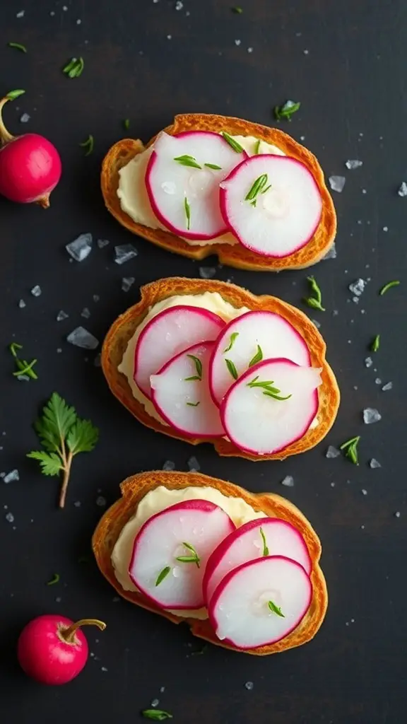Radish and butter toasts with fresh herbs on a dark background