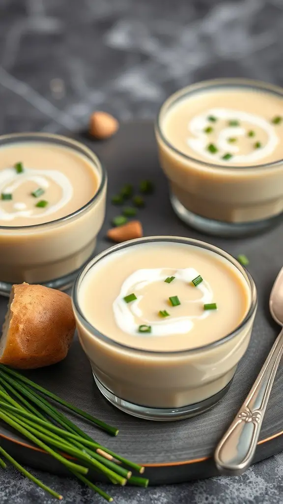 Three small glasses of potato and leek soup with chives, served with a piece of bread on the side.