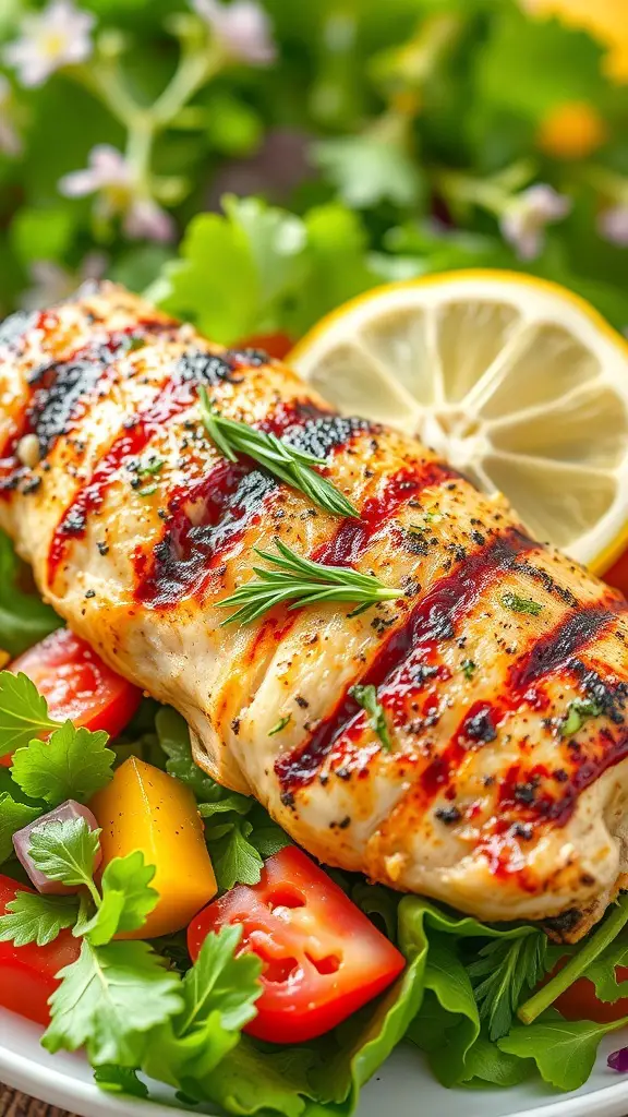 Grilled chicken breast garnished with herbs and served with fresh vegetables and lemon slices.