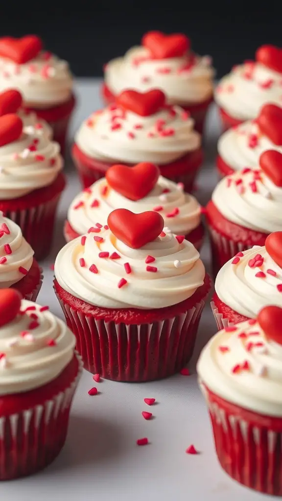 Red velvet cupcakes with cream cheese frosting and heart decorations