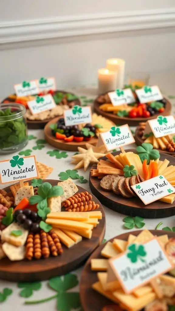 A St. Patrick's Day charcuterie board with personalized place settings and festive decorations.