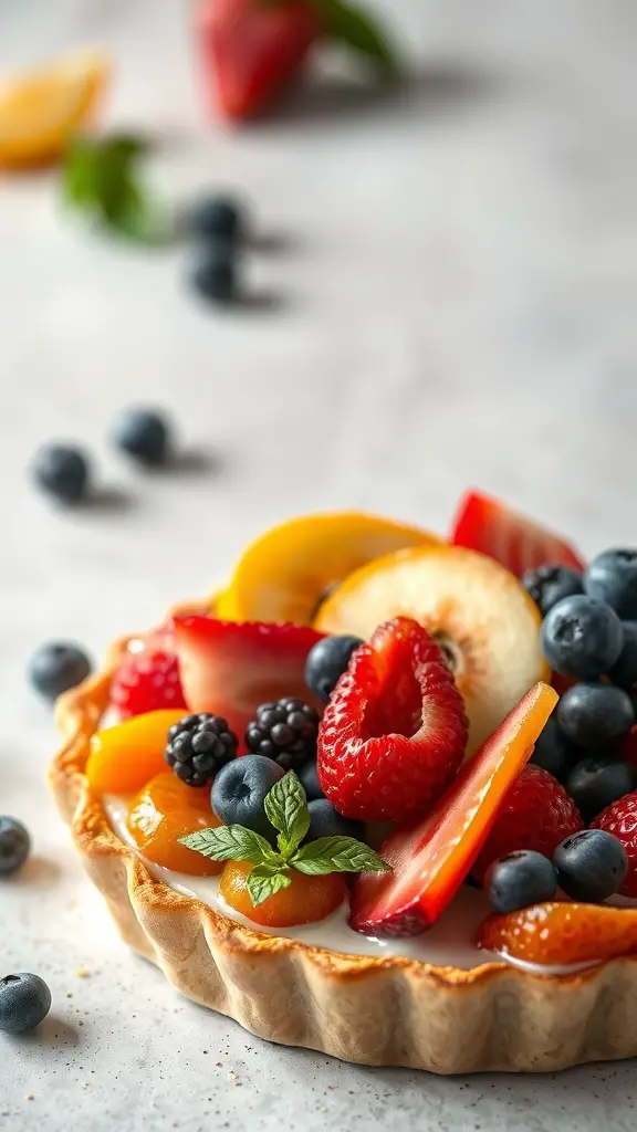 A charming fruit tart topped with seasonal fruits like strawberries, blueberries, and peaches.