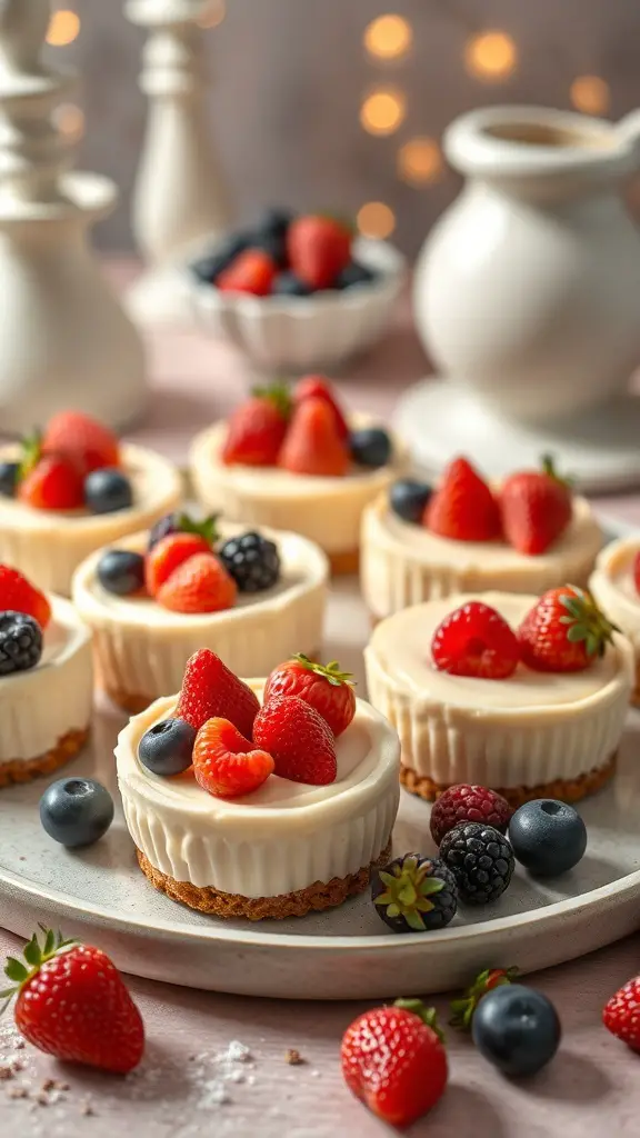 Mini cheesecakes topped with strawberries and blueberries on a plate