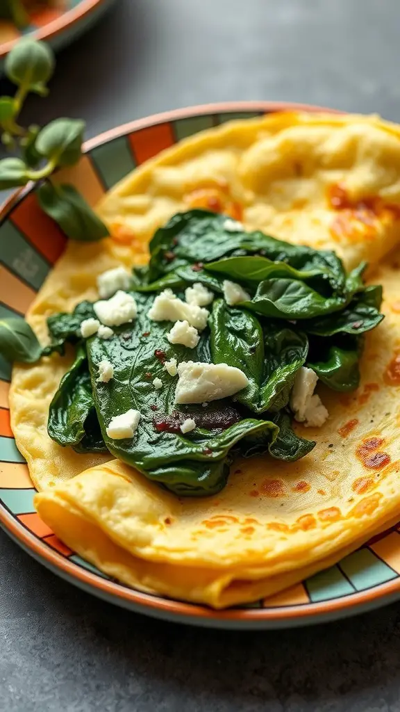 A delicious spinach and feta stuffed omelette on a colorful plate.