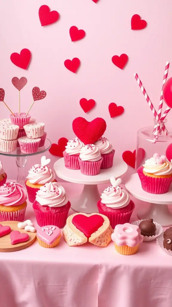 A colorful display of heart-themed desserts including cupcakes, cookies, and chocolates for a Galentine's dinner party.