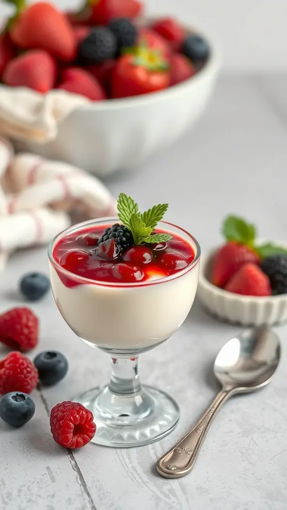A glass of Vanilla Almond Milk Panna Cotta topped with berry compote and mint leaves, with fresh berries in the background.