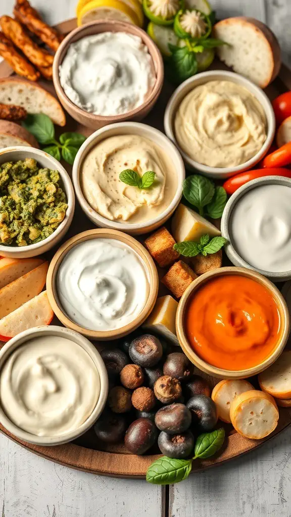 A variety of creamy dips and spreads arranged on a charcuterie board, surrounded by fresh vegetables and bread.