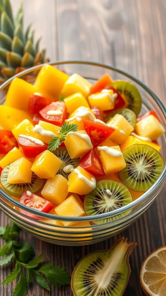 A colorful bowl of tropical fruit salad with mango, kiwi, and tomatoes, garnished with a sprig of mint.