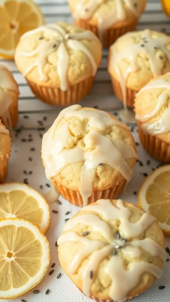 Lemon poppy seed muffins topped with glaze and surrounded by lemon slices