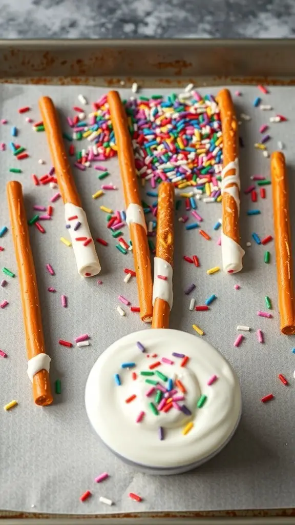 Pretzel rods dipped in yogurt and sprinkled with colorful sprinkles on parchment paper.